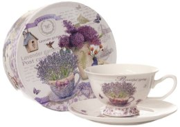 Filiżanka ze spodkiem motyw lawendowy w ozdobnym opakowaniu - 250ml - mix wzorów