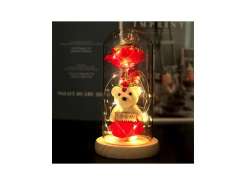 Wieczna róża LED w szkle z misiem 587