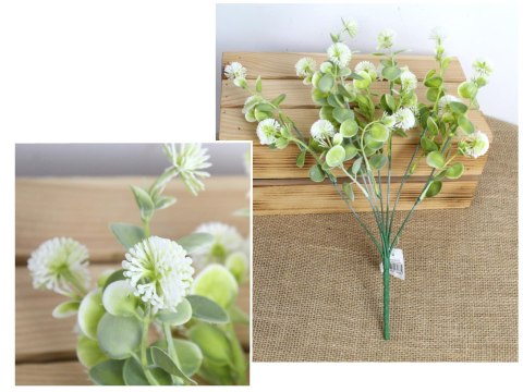 Gałązka 2szt liści z BIAŁYMI KWIATAMI wys. 33 cm 7 łodyg MD-067A