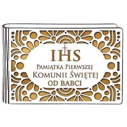 Pudełko na pieniądze banknotówka KOMUNIA - od BABCI - Ażur 3302A-KOM3Z-B