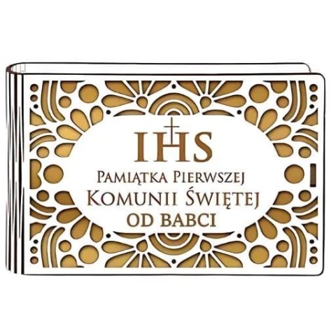 Pudełko na pieniądze banknotówka KOMUNIA - od BABCI - Ażur 3302A-KOM3Z-B