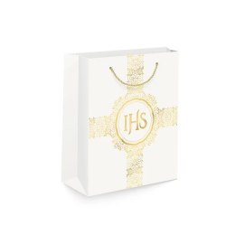Torebka na prezenty 26 x 32 x 12cm IHS biało-złota 127469
