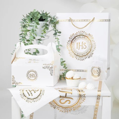 Torebka na prezenty 26 x 32 x 12cm IHS biało-złota 127469