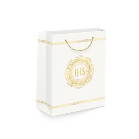 Torebka na prezenty 26 x 32 x 12cm IHS biało-złota 127469